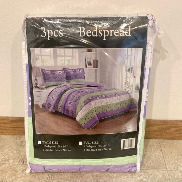 New Girl’s Fancy Linen 2Pc Twin Bedspread Flower Purple White Green Set - Picture 2 of 6